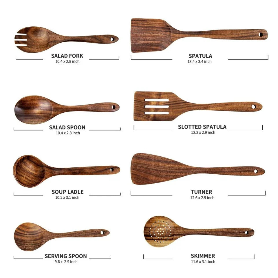 8 PCS Teak Wooden Kitchen Utensils Set for Cooking Non-Stick Spatula Spoons
